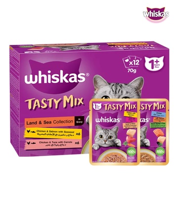 Whiskas Tasty Mix Land & Sea Collection in Gravy Cat Wet Food 70 gm x 12 pcs