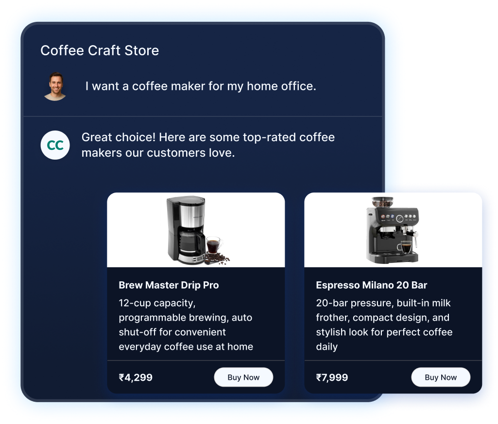 CoffeeCraft Store chat recommending coffee makers and related products