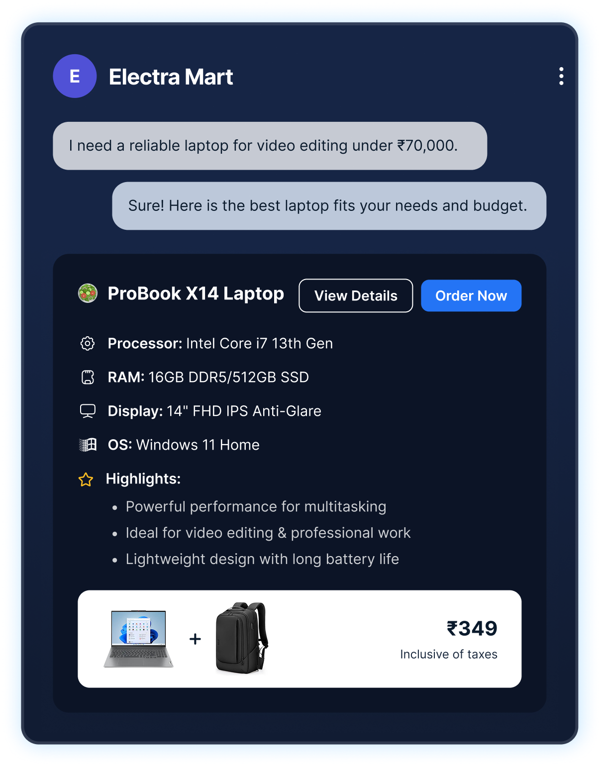 ElectroMart chat assistant recommending ProBook X14 laptop with specs, highlights, and bundle
