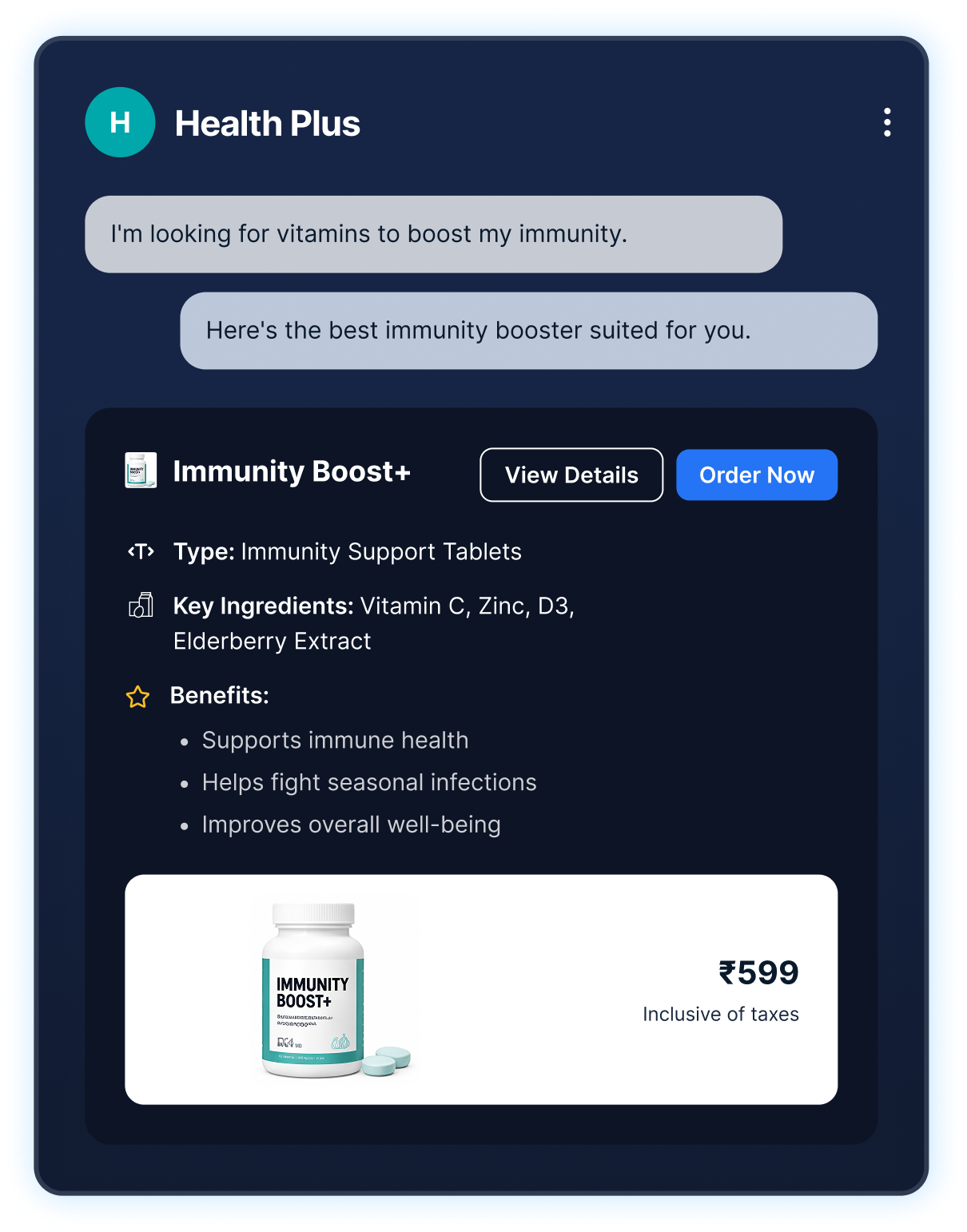 HealthPlus chat assistant suggesting Immunity Boost+ with product details, benefits, and pricing