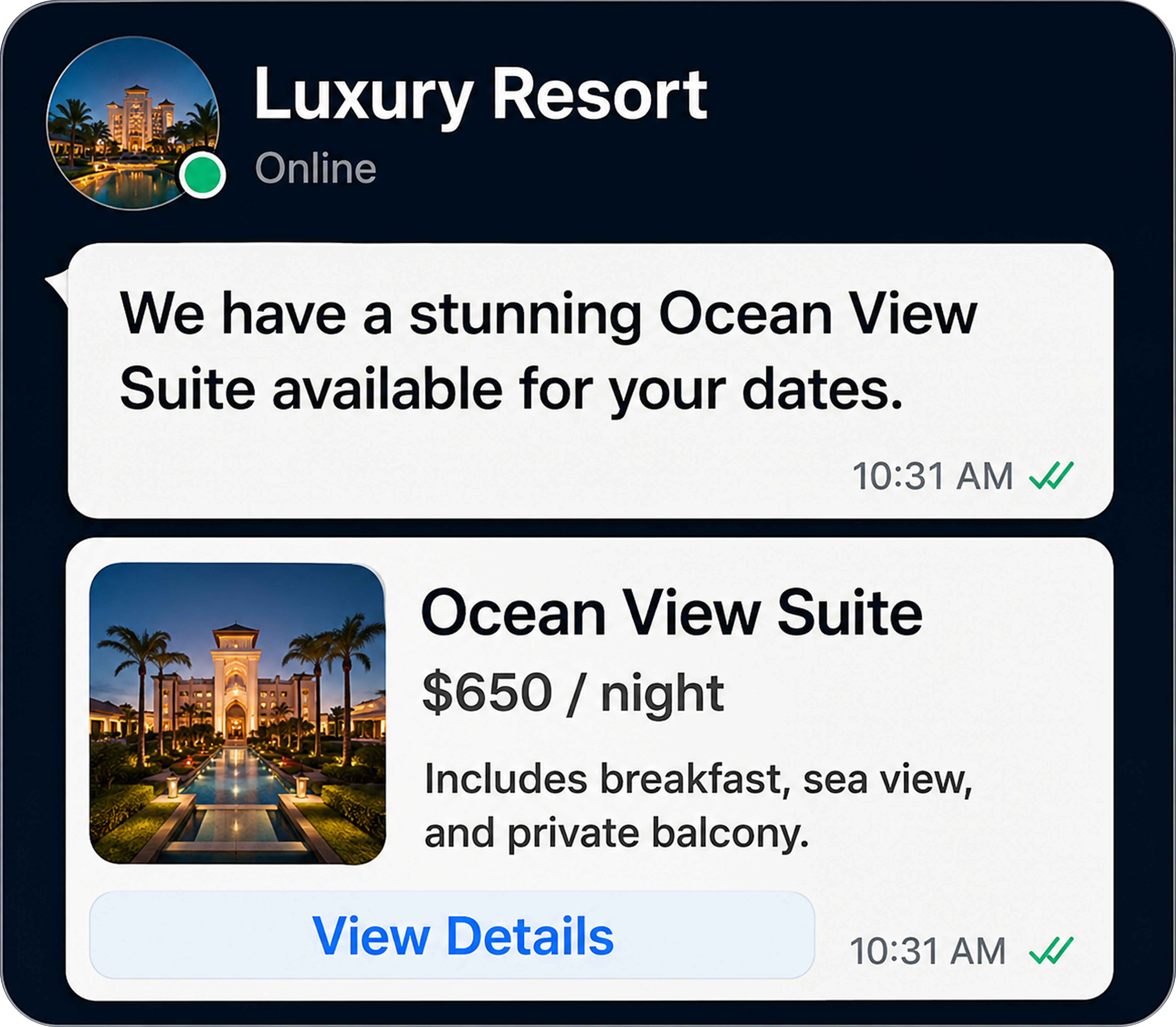 Luxury Resort chat showing Ocean View Suite recommendation