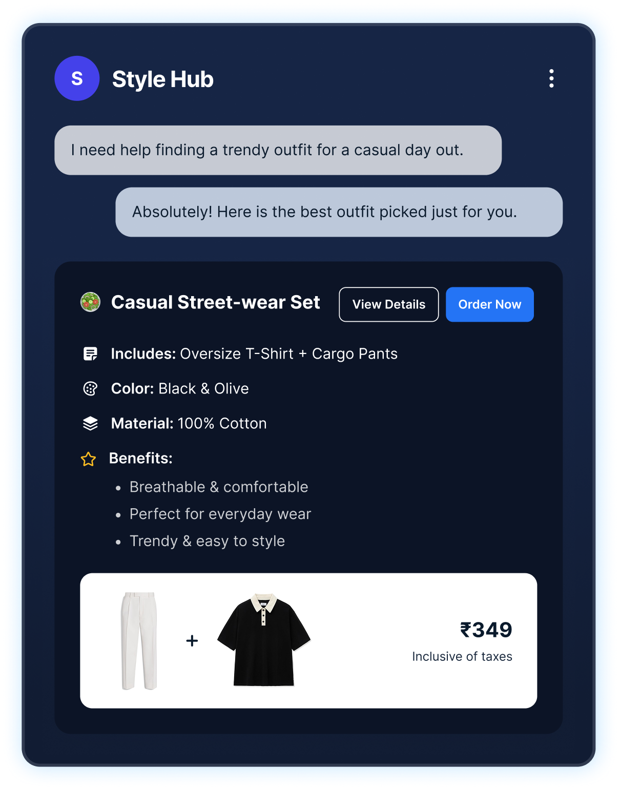 StyleMart assistant recommending a Casual Streetwear Set with outfit details, benefits, and product preview