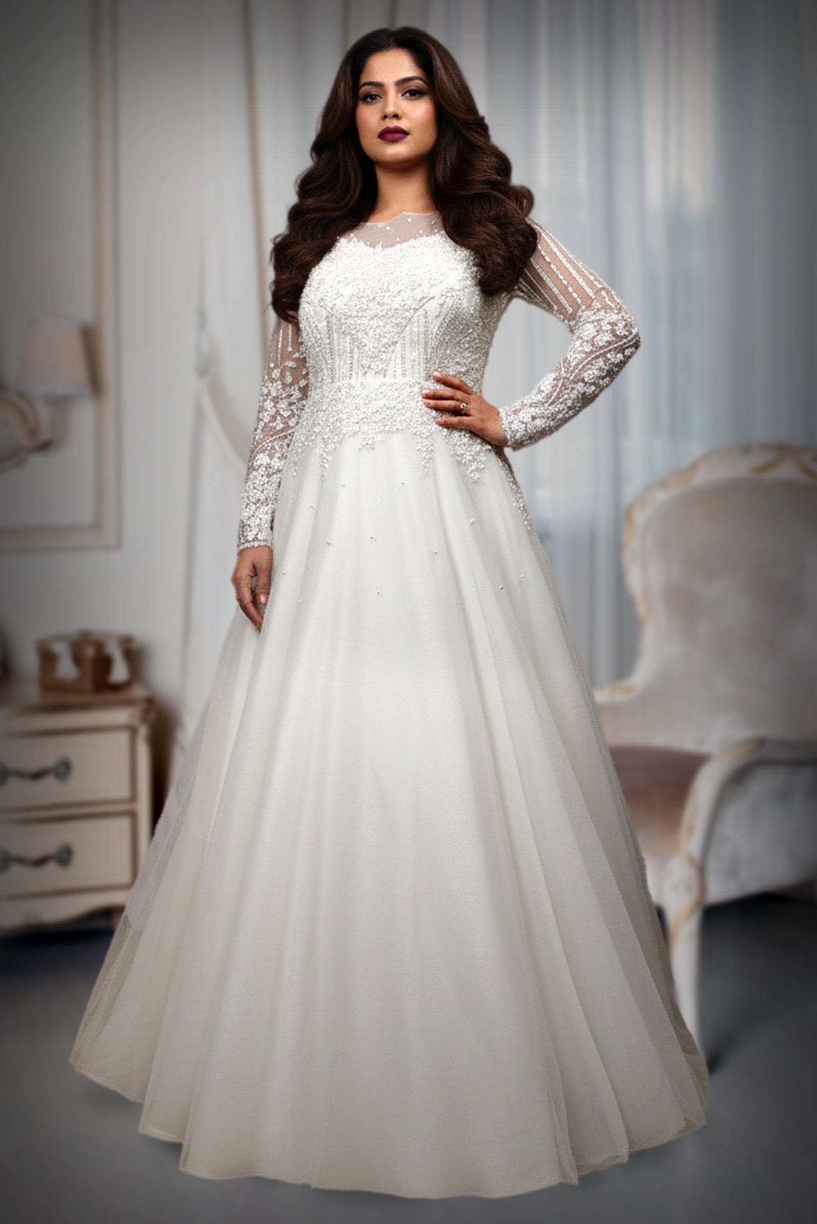 White Net Gown for rent in Kochi