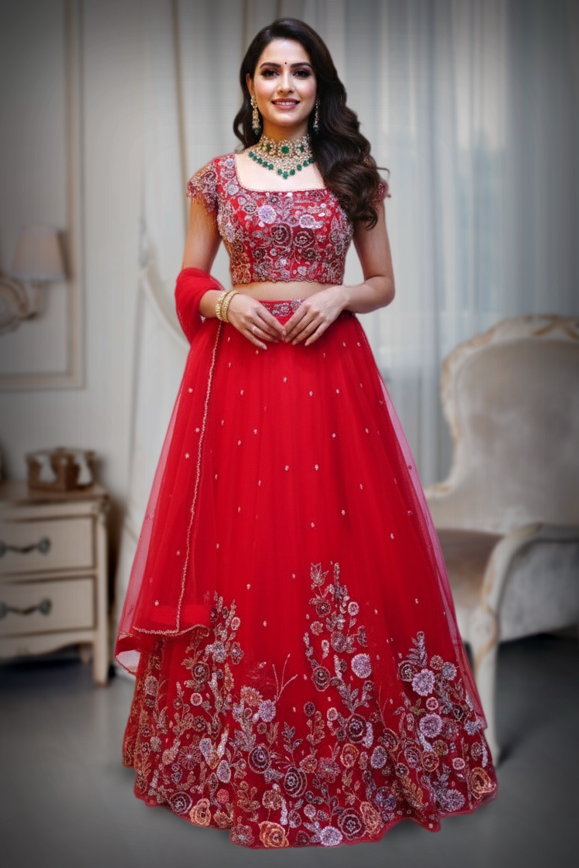 Elegant Red Bridal Lehenga for rent in Kochi