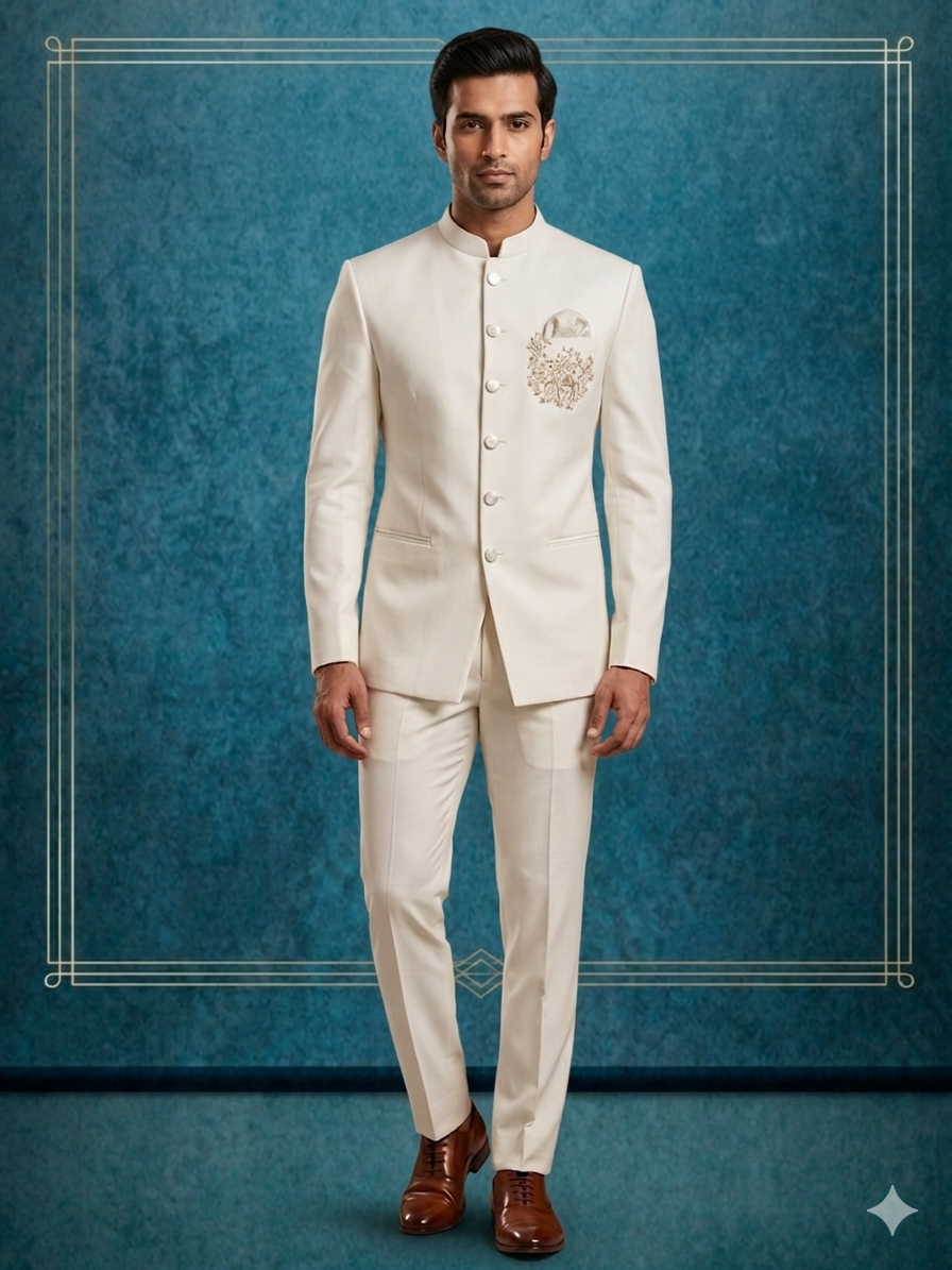 White Jodhpuri Blazer and Pants for rent in Kochi