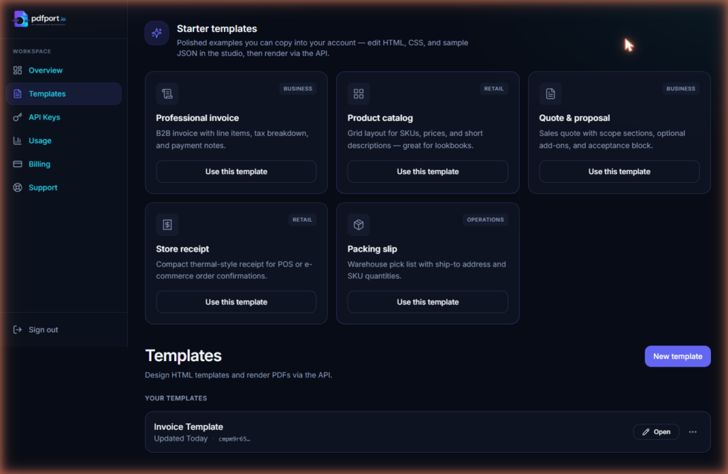 PDF generation API workflow: template stored once on PDFPort, rendered with JSON data via REST API call