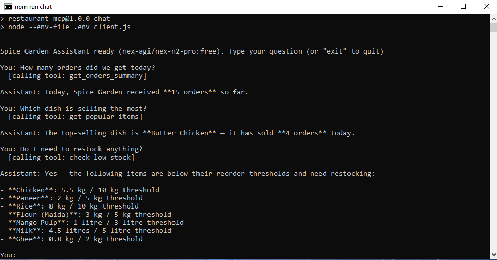 MCP server Node.js terminal output showing the Spice Garden restaurant chatbot answering questions about orders, popular dishes, and low stock inventory