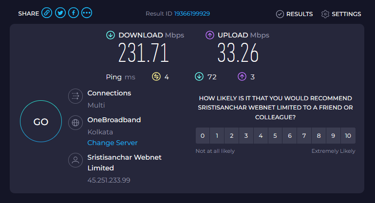 Speedtest result showing 231.71 Mbps download and 33.26 Mbps upload from combined dual WAN via PCC load balancing on MikroTik RouterOS 7