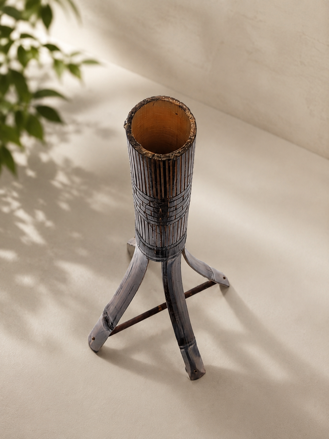 Handcrafted Decorative Wooden Floral Stand with Rustic Bamboo Tripod Base