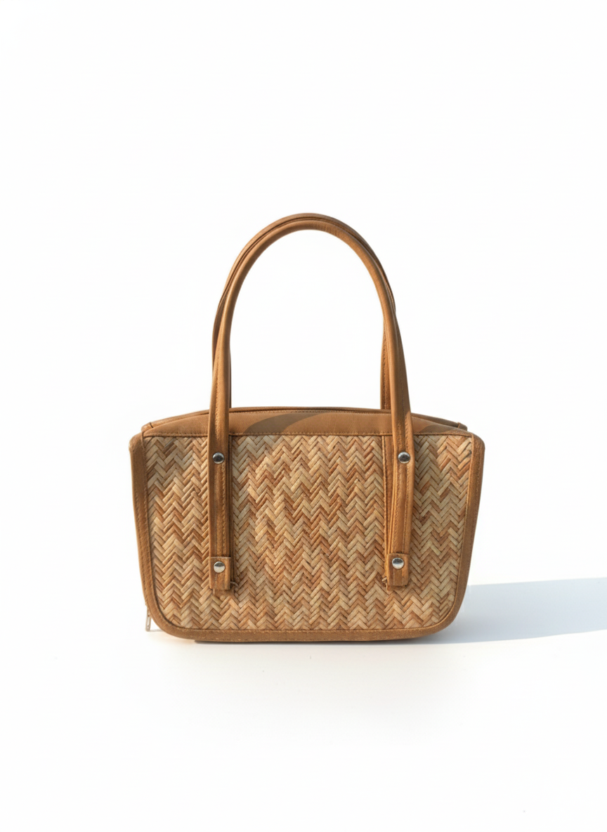 Structured Woven Handbag for Women - Natural Rattan-Style Tote with PU Leather Handles & Base - Multi-Pocket Zipper Purse