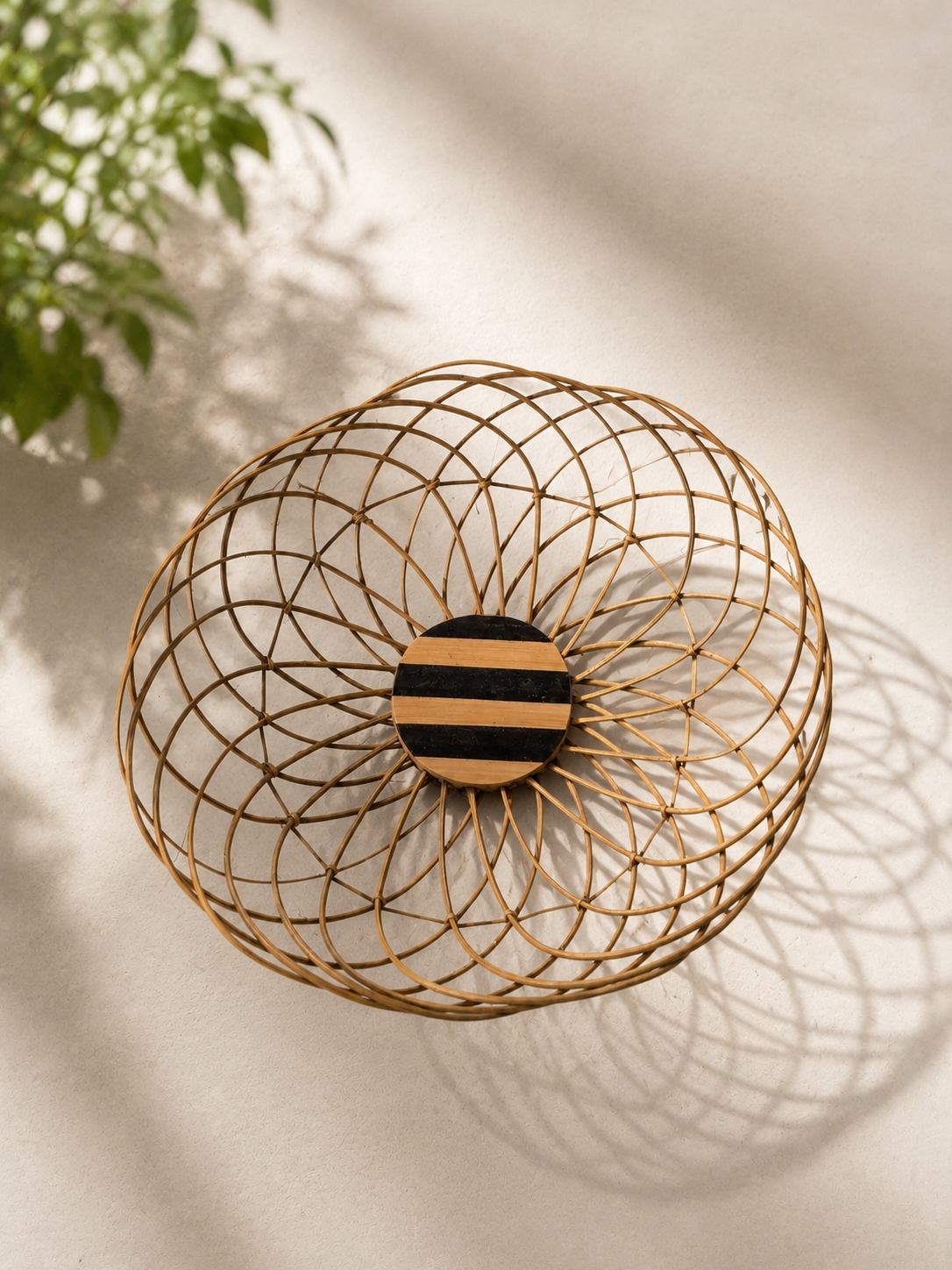 Handcrafted Woven Bamboo Fruit Bowl with Dual-Tone Striped Wooden Base