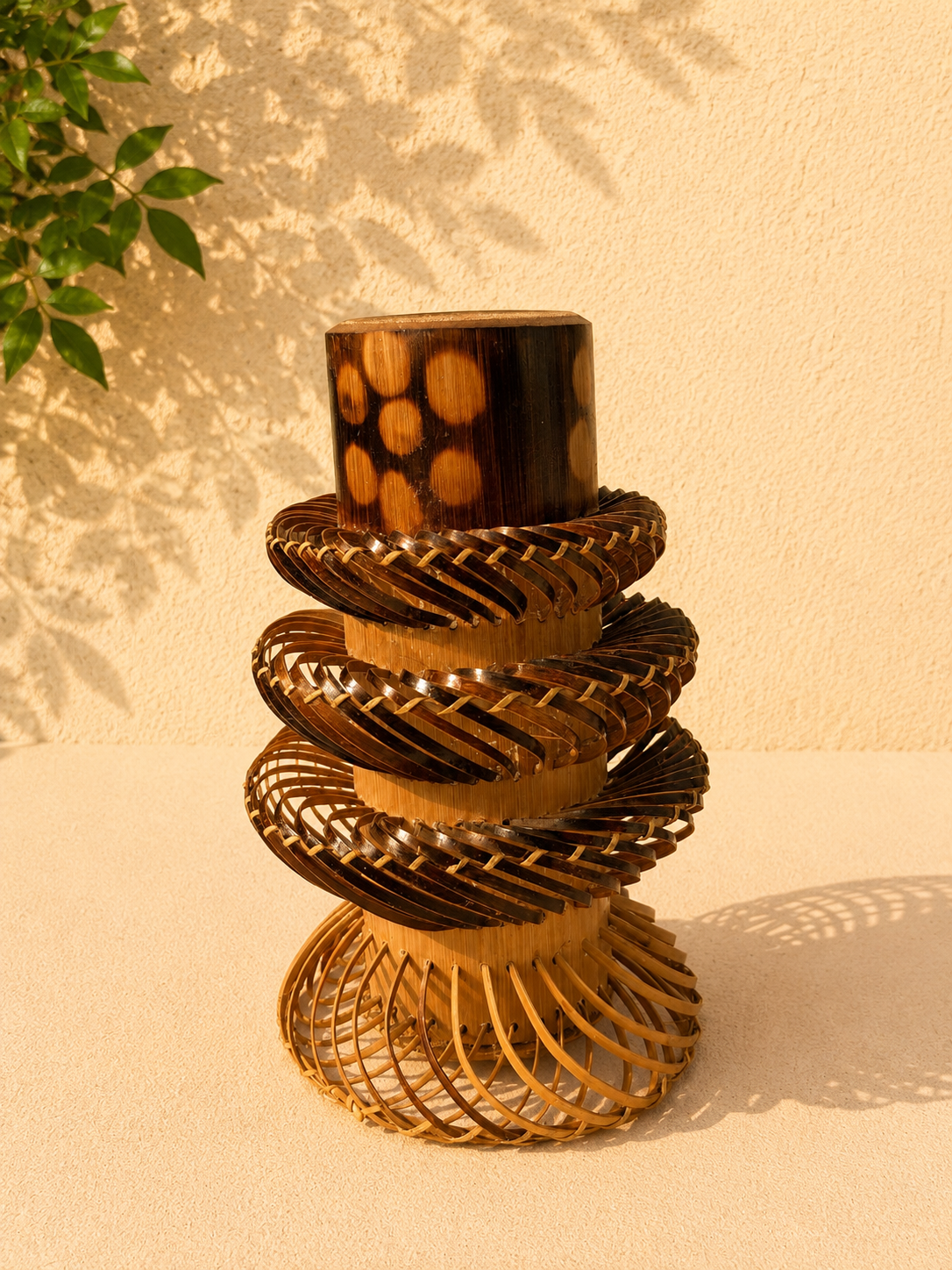 Handcrafted Spiral Woven Bamboo Column Vase and Table Centerpiece