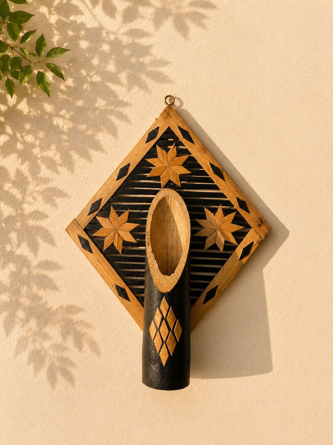 Handcrafted Diamond-Shaped Bamboo Wall Hanging Flower Vase