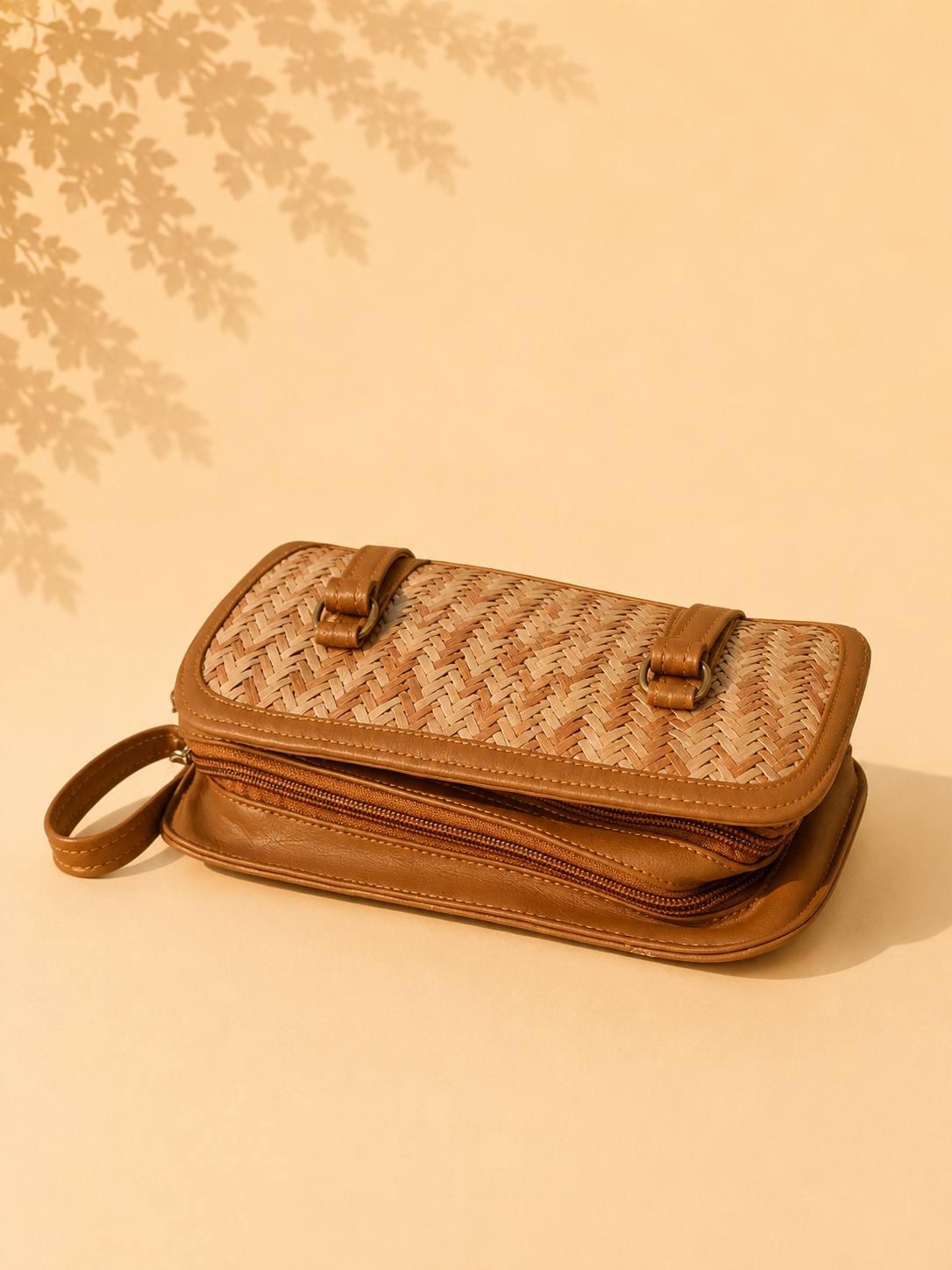 Handcrafted Woven Bamboo and Leatherette Multi-Compartment Travel Organizer Clutch