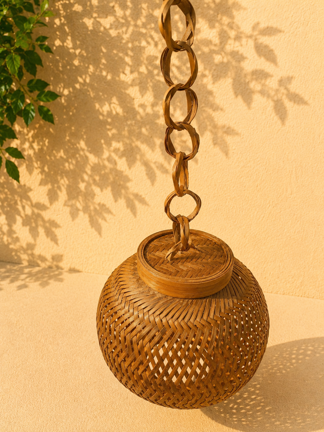 Handcrafted Spherical Bamboo Pendant Light Shade with Woven Link Extension Chain