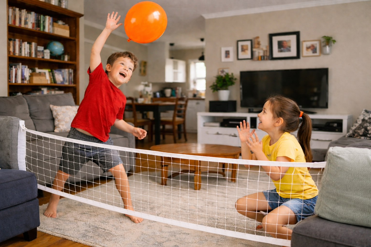 Playful balloon volleyball indoors