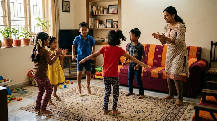 Kids playing movement memory game at home