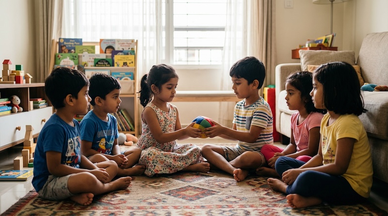 Kids playing Silent Beanbag Pass at home