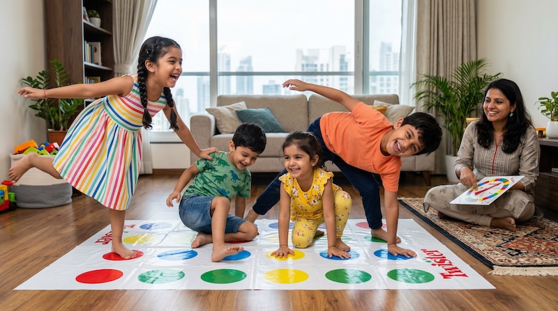 Kids playing twister game at home