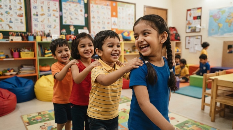 Kids playing human train game