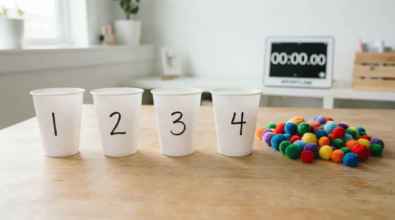 Numbered Cups and Pompoms