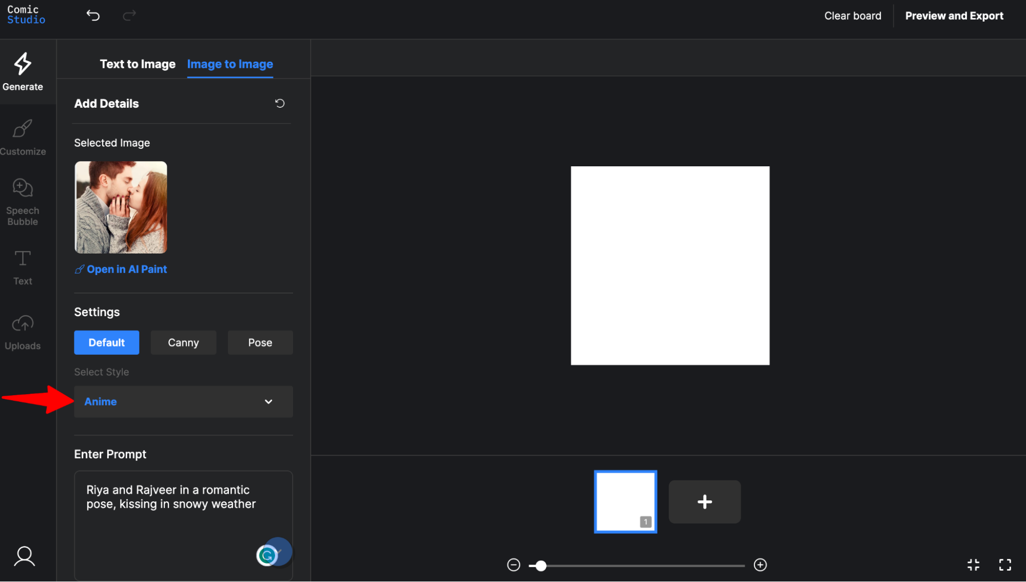 Comic creation interface with panels, tools, and editing options on a digital screen