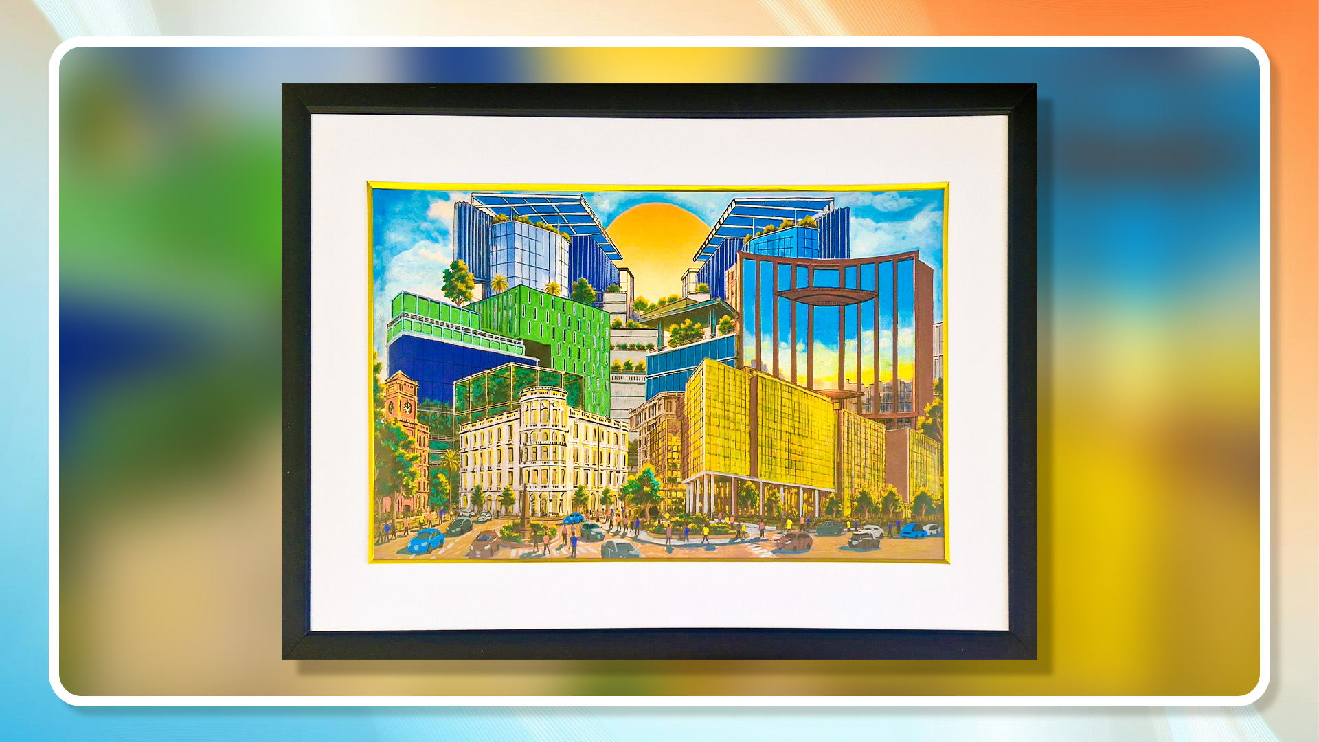Photo frame with Brookfield's real estate buildings and people, painted by the artist.