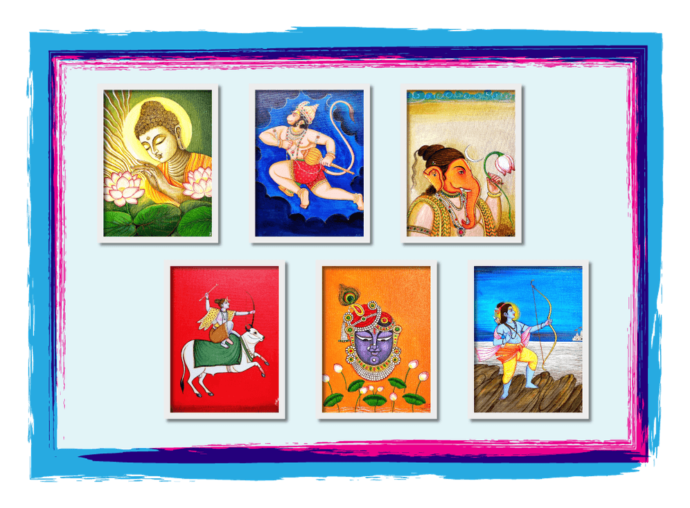 A glimpse of 6 paintings sold by Ajay. Mahabir Ji, Flying Hanuman, Ganesha with Lotus, Warrior on Cow, Shreenath Ji and Shri Ram.