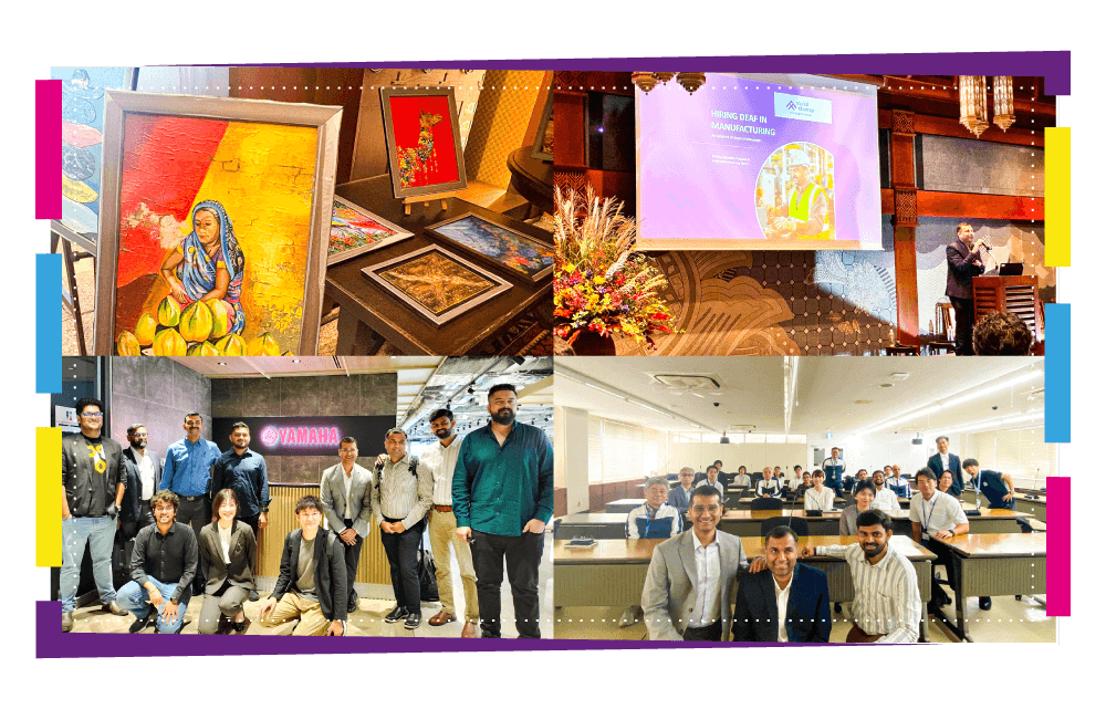 A collage of photos from Japan. Paintings, Addressing the Suzuki leaders, Group photo at Yamaha and Vineet and Akash with the Yamaha team.