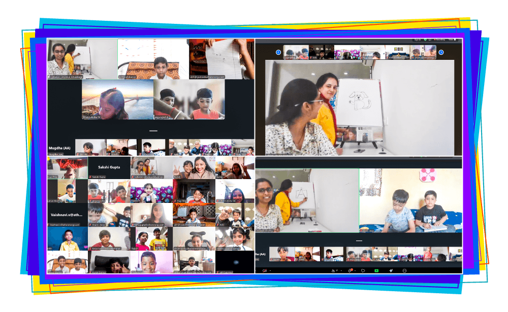 Collage of photos taken during the virtual session conducted with children of Ather's employees. Includes photos of the trainers - Archana and Laharee.