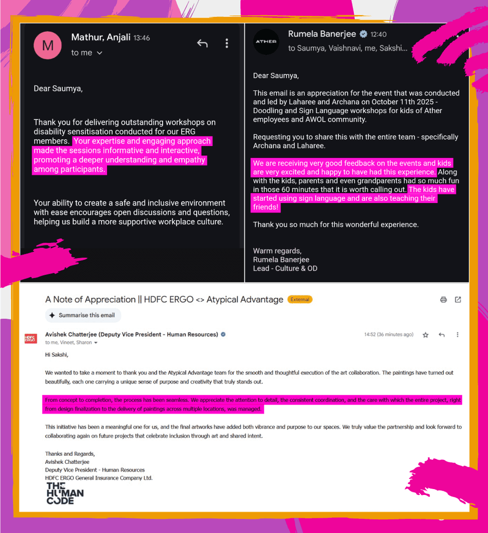 Written feedback from Reckitt, Ather Energy and HDFC ERGO.