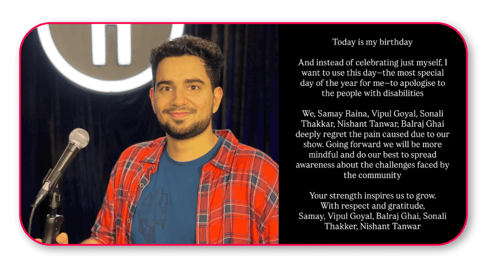 Samay Raina issues public apology to people with disabilities following “India’s Got Latent” row.