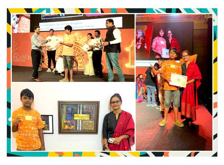 Collage of Sayan's photos along with his paintings and him receiving an award.