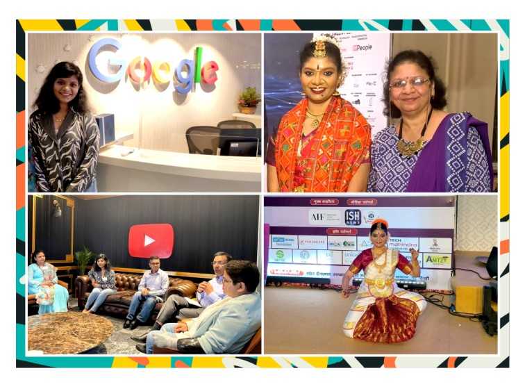 A collage of Rashmi's photo at Google office, along with dignitaries and while dancing.