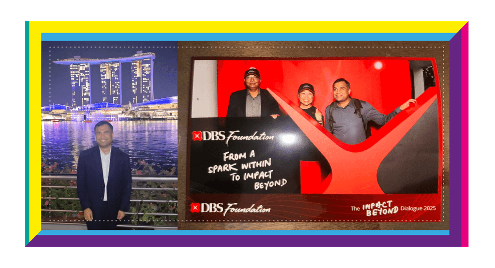 Vineet Saraiwala posing for a photograph with the majestic Marina Bay Sands lit up beautifully in the background and an image of Vineet with the DBS Foundation team at the Impact Beyond Dialogue 2025.