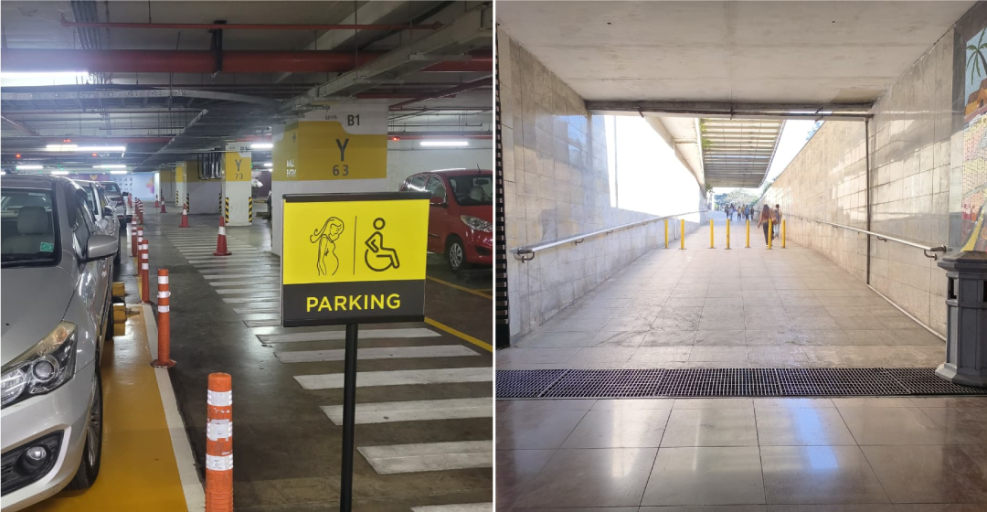 Reserved Parking for persons with disabilities (left) and wheelchair friendly routes (right).