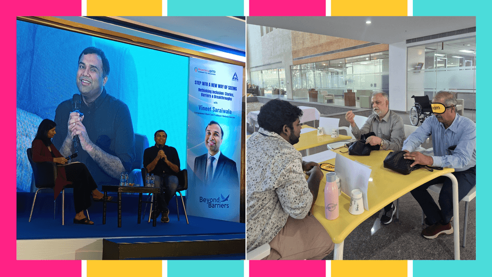 Vineet at fireside chat in Kolkata (left) and leaders attending experiential workshop in Bangalore (right).