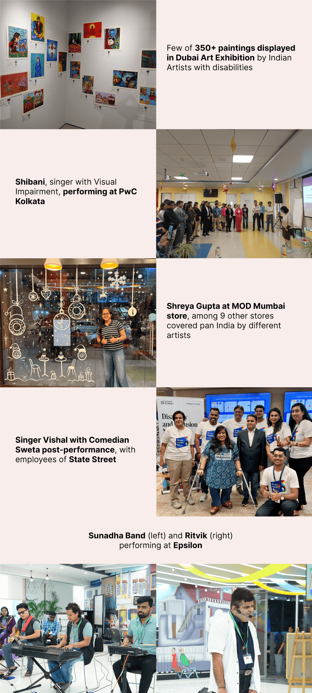 Photos in order: 1. Few of 350+ paintings displayed in Dubai Art Exhibition by Indian Artists with disabilities. 2. Shibani, singer with Visual Impairment, performing at PwC Kolkata. 3. Shreya Gupta at MOD Mumbai store, among 9 other stores covered pan India by different artists. 4. Singer Vishal with Comedian Sweta post-performance, with employees of State Street. 5. Sunadha Band (left) and Ritvik (right) performing at Epsilon.