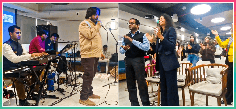 Shinning Star band performing at Axis (left), and employees grooving to the beats of the band (right).