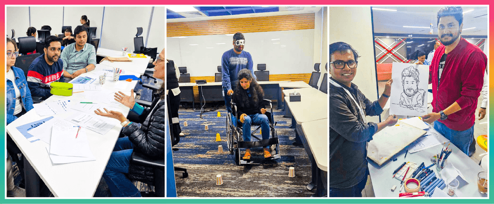 Aristocrat's experiential learning booths (Left), wheel chair maze (middle), and Sandeep Nayak's caricature booth (right).