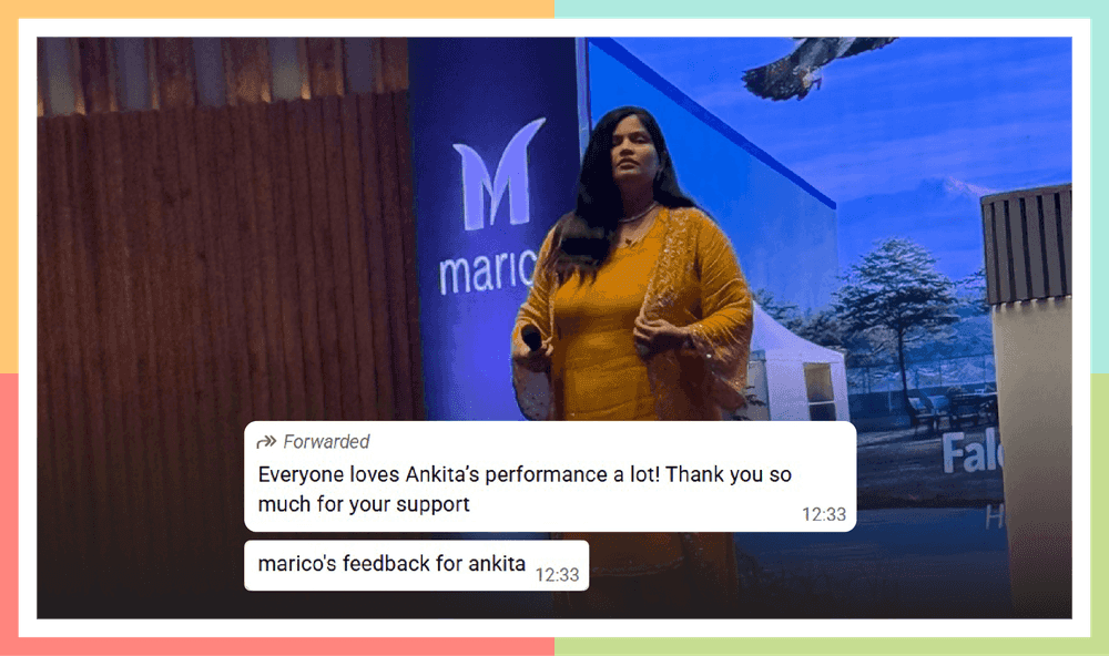 Ankita Patel performing at Marico along with a screenshot of feedback received for her- Everyone loved Ankita's performance a lot. Thankyou so much for your support.