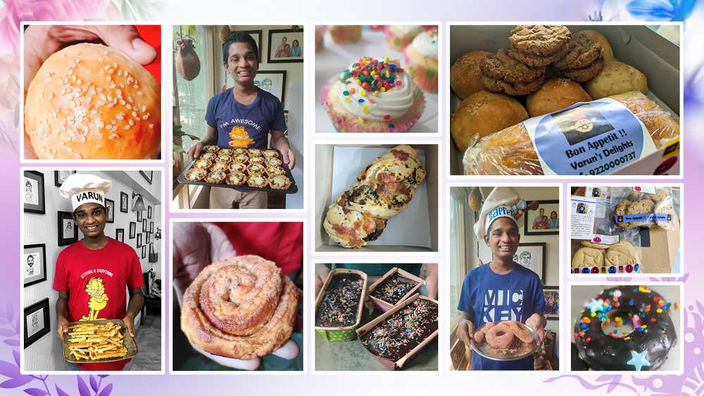 Varun with his different bakery items- Cakes, muffins, donuts, pies, etc.