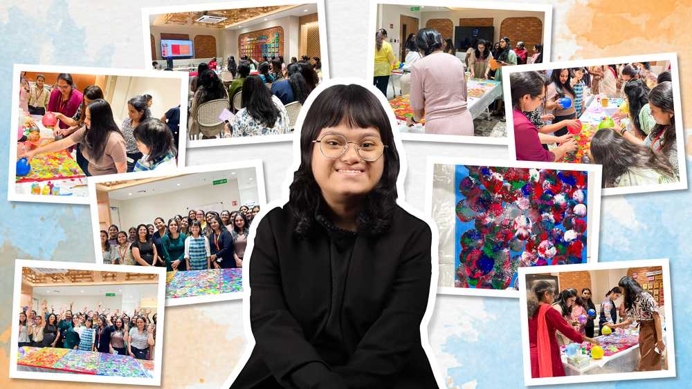 A collage of photos from the mindless art session, with Gayatri in the centre.