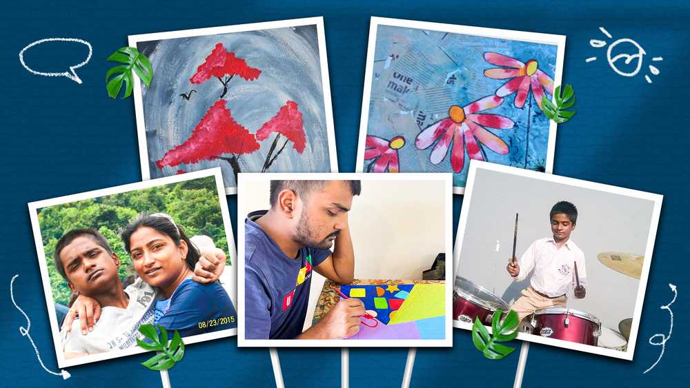 A collage of photos of Devansh, along with some of his paintings. 