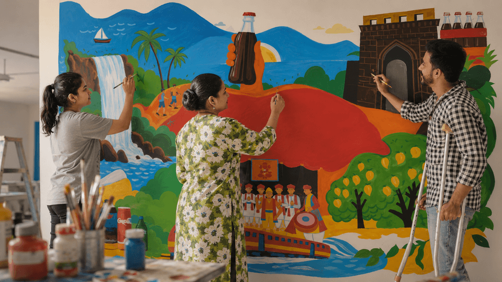 Artists working on the wall mural for Coca-cola.