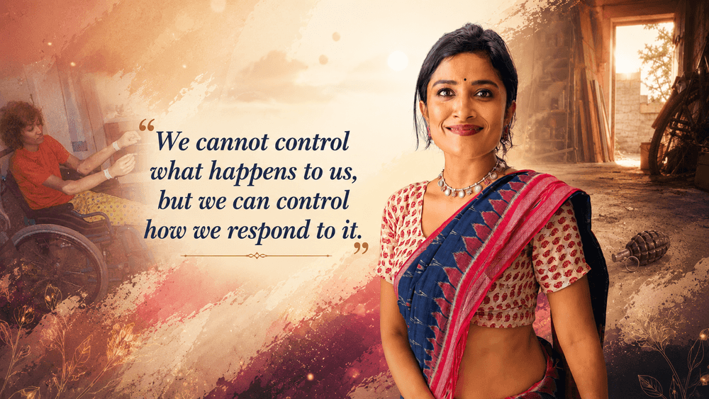 A quote: We cannot control what happens to us, but we can control how we respond to it, with Malvika Iyer photo. 