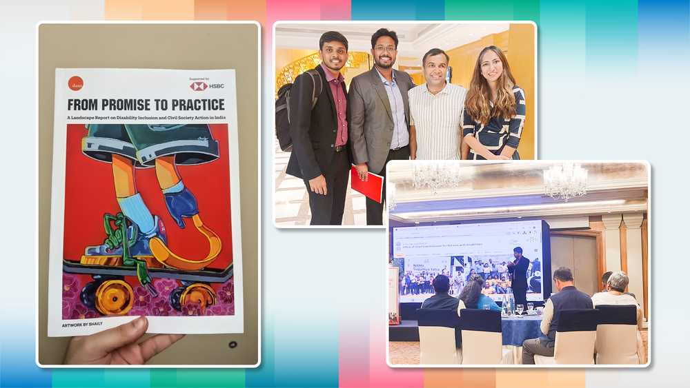 Left side showcases the artwork in Dasra's report. Along with group photo and sign language interpretation at the event. 