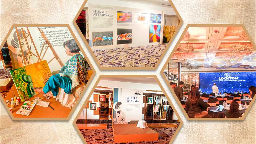 A collage of images from Lockton featuring Foot and Mouth Artist painting a canvas and audience enjoying flute and tabla performance by our artist. 
