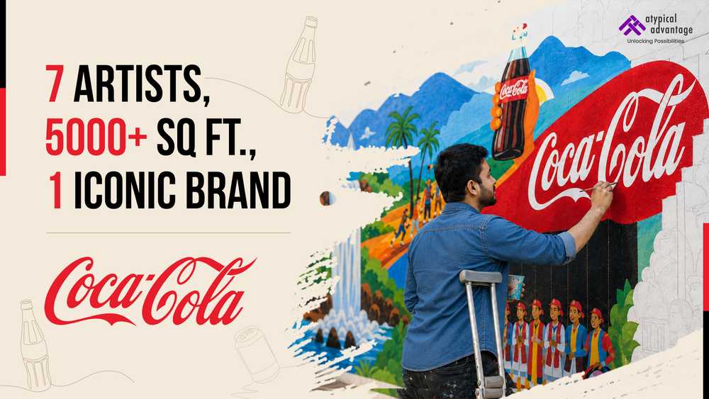 An artist painting a wall on the right. Left hand side the text: 7 Artists, 5000+ sq ft., 1 iconic brand: Cocacola (Logo).