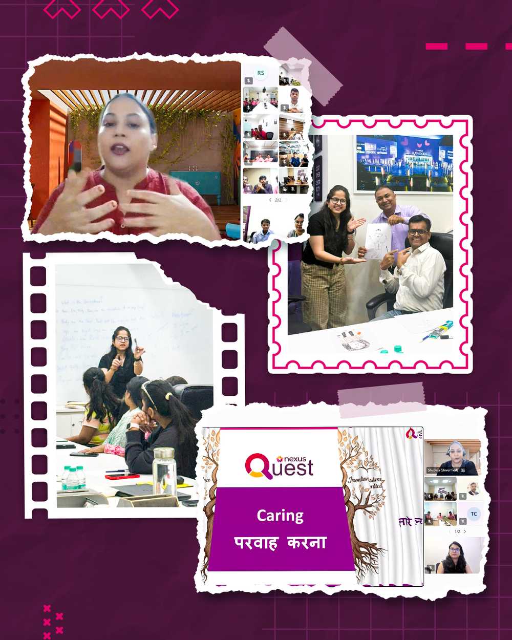 A collage of online sessions and Shreya's caricature workshop. 